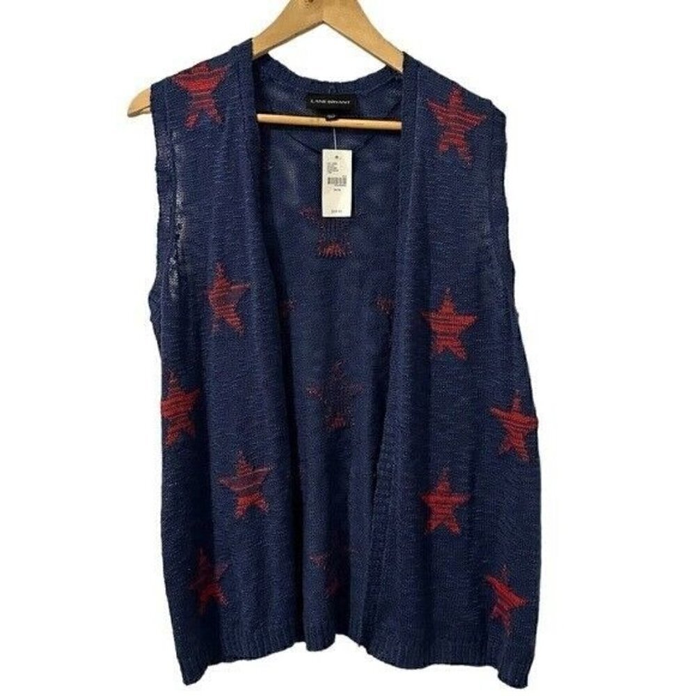 Lane Bryant Womens Sweater 14/16 sleeveless Open Front Star Embroidered Blue